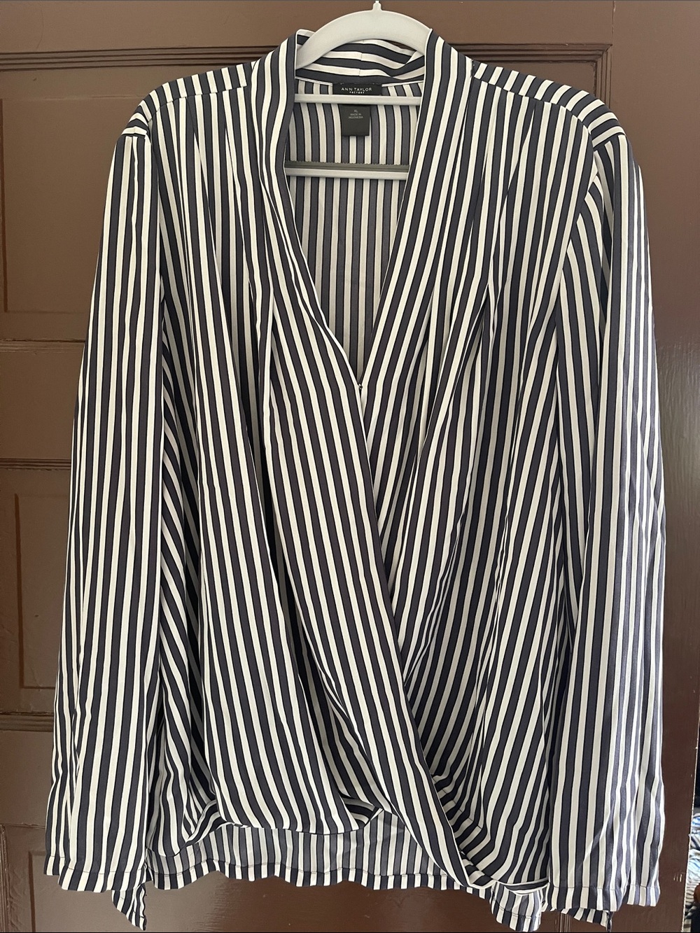 Ann Taylor Black and White Striped Wrap-Style Blouse